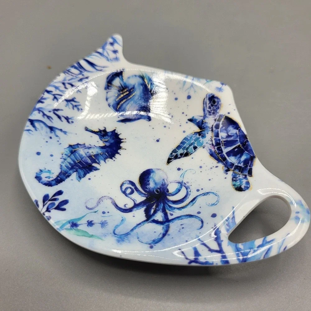UP Tea Bag Rest Holder Spoon Rest Under Sea Octopus Turtle Seahorse Blue White